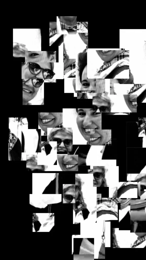 Fragmented black-and-white group portrait of smiling festival visitors
